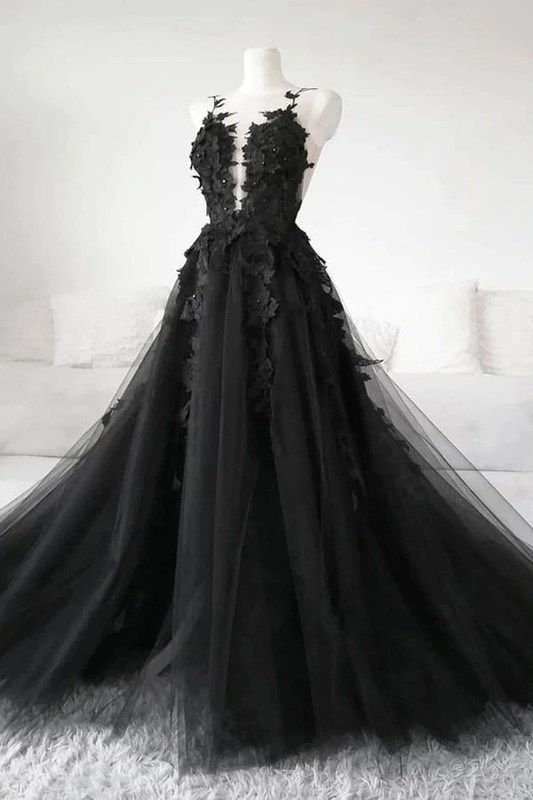 Black Lace Tulle Long Prom Gown Black Evening Dress nv42