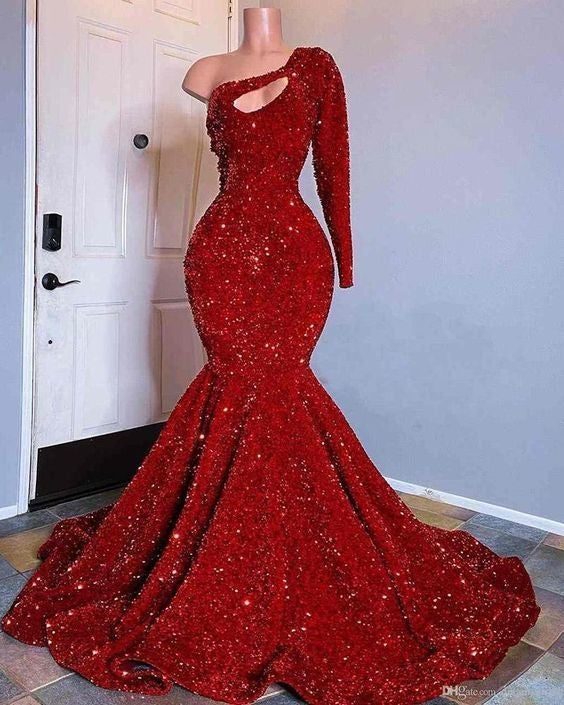 Red Sequined Black Girls Mermaid Prom Dresses, Plus Size One Shoulder nv109