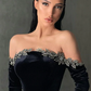 BLACK HIGH-SPLIT VELVET OFF-THE-SHOULDER MERMAID PROM DRESS nv41