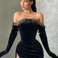 BLACK HIGH-SPLIT VELVET OFF-THE-SHOULDER MERMAID PROM DRESS nv41
