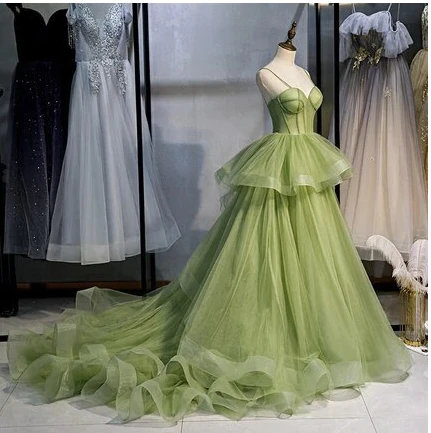 A-line Straps Tulle Green Prom Dress nv13