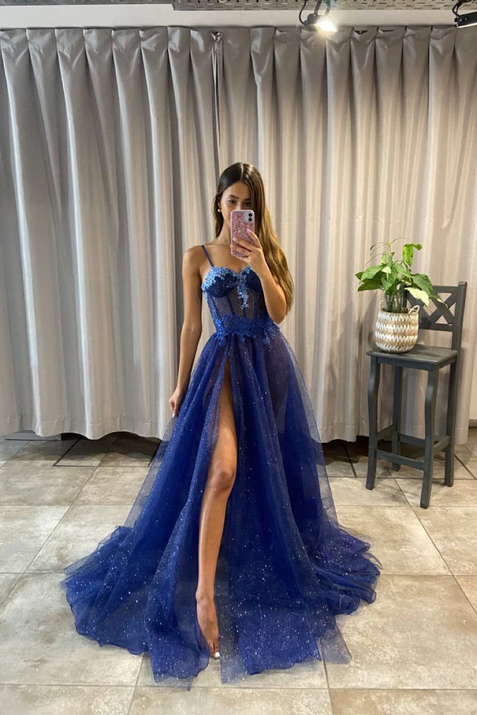Royal Blue A Line Spaghetti Straps Sparkly Long Prom Dress Formal Evening Dress nv110