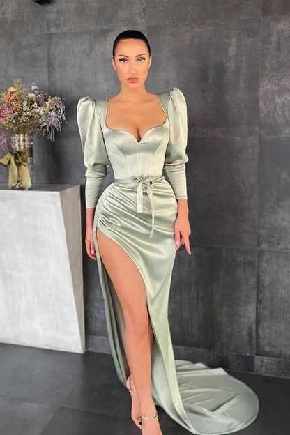 Amazing Long Sleeves Mermaid Prom Dress Sweetheart Dusty Sage Evening Gown With Slit nv18