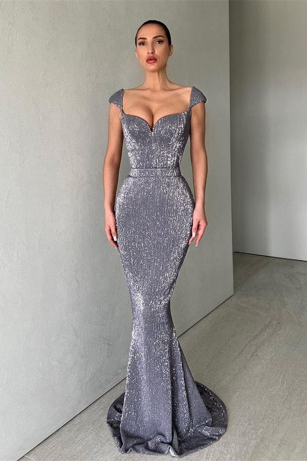 Cap Sleeves Long Mermaid Sequins Prom Dress nv60