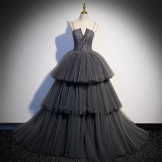 Gray tulle Long  prom dress evening dress nv69