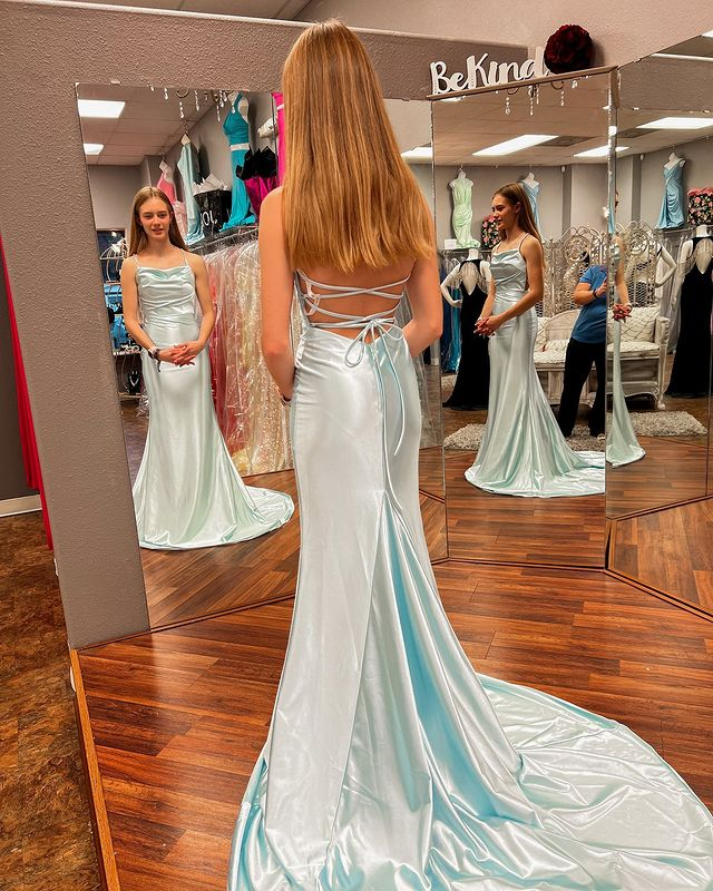 Cute Mermaid Cowl Neck Mint Silk Satin Long Prom Dress nv573