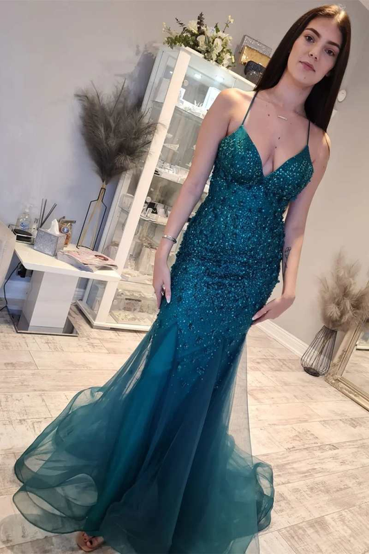 Hunter Green Floral Lace Lace-Up Back Mermaid Long Prom Gown nv856