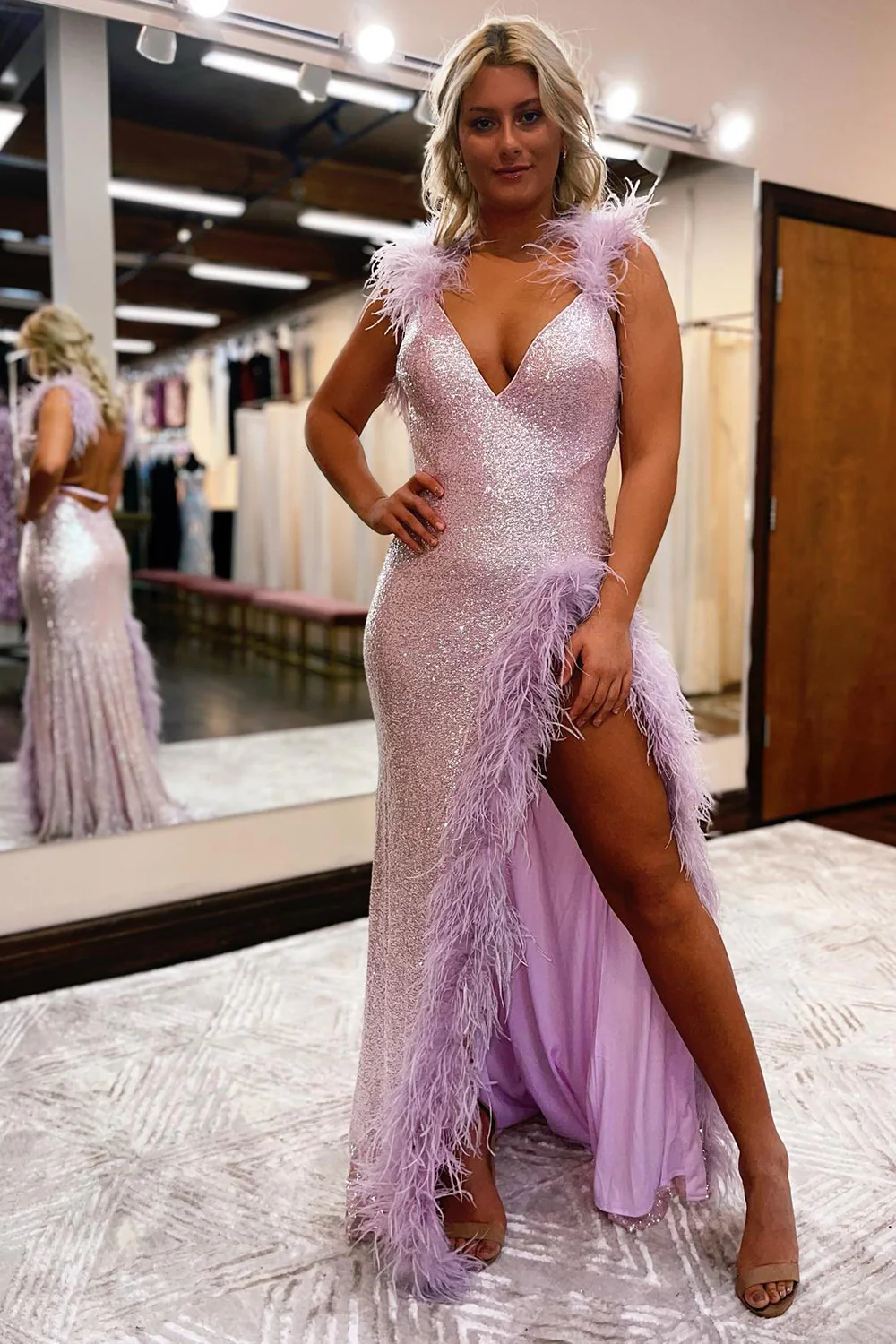 Sheath Deep V Neck Light Pink Sequins Long Prom Dress with Feathersnv647
