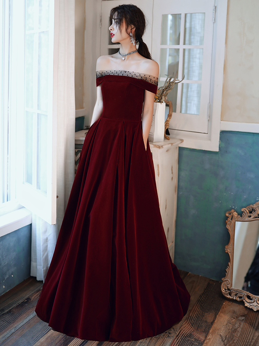 Burgundy elegant velvet off-shoulder long ball gown evening dress nv584
