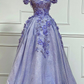 Purple Tulle Lace Floor Length Prom Dress, Off the Shoulder Evening Dress nv614