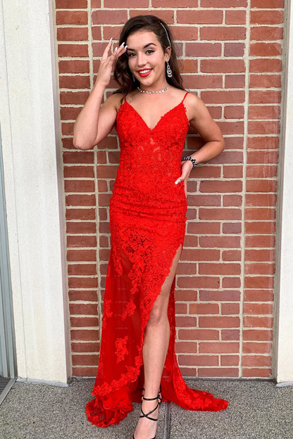 Spaghetti Straps Red Long Prom Dress with Appliques nv696