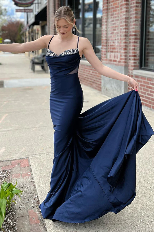 Mermaid Spaghetti Straps Navy Long Prom Dress with Sweep Train nv675