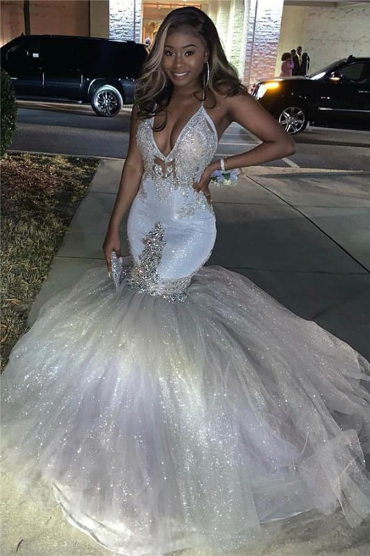 Silver Sparkling Sequins Prom Dresses Mermaid | Beads Appliques Spaghetti Straps Sexy Prom Gowns nv841