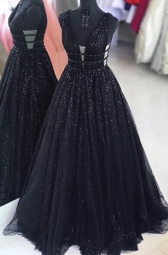 A Line Black Tulle Sequins Formal Prom Dresses nv621