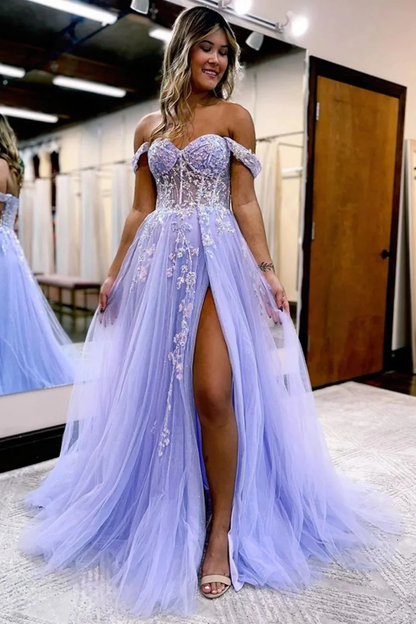 Sparkly Lilac Sequins Corset A-Line Long Prom Dress with Slit nv668