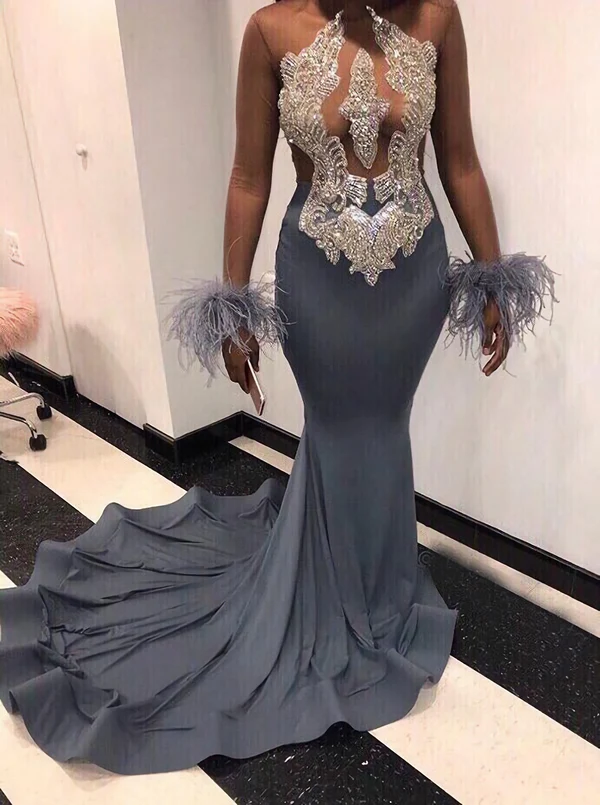 Long Sleeves 2023 Grey Beaded Mermaid Backless Feathers Long Prom Dresses nv848