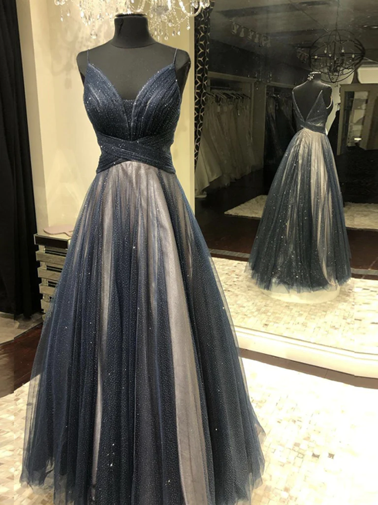 Dark Navy Blue Tulle Long Prom Dresses, Backless Dark Blue Long Formal Evening Dresses nv613