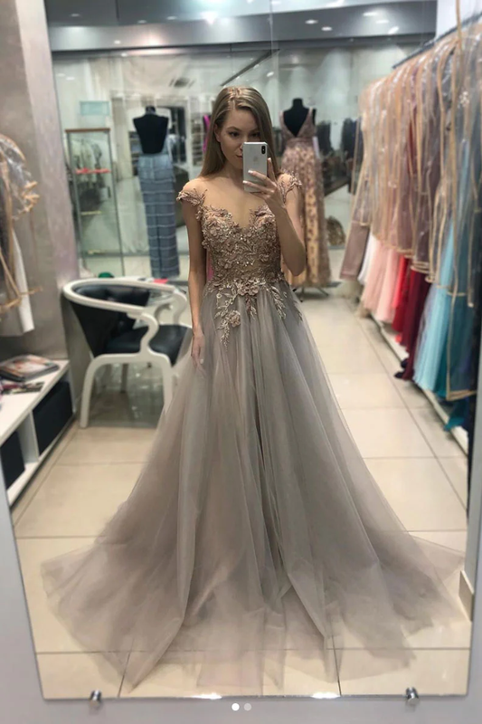 Gray v neck tulle lace long prom dress, gray evening dress nv860