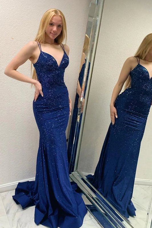 Sparkly Navy Beaded Mermaid Backless Long Prom Dress nv657