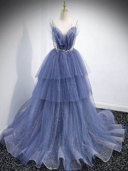 V Neck Tulle Sequin Long Prom Dress, Blue Tulle Formal Dress nv865