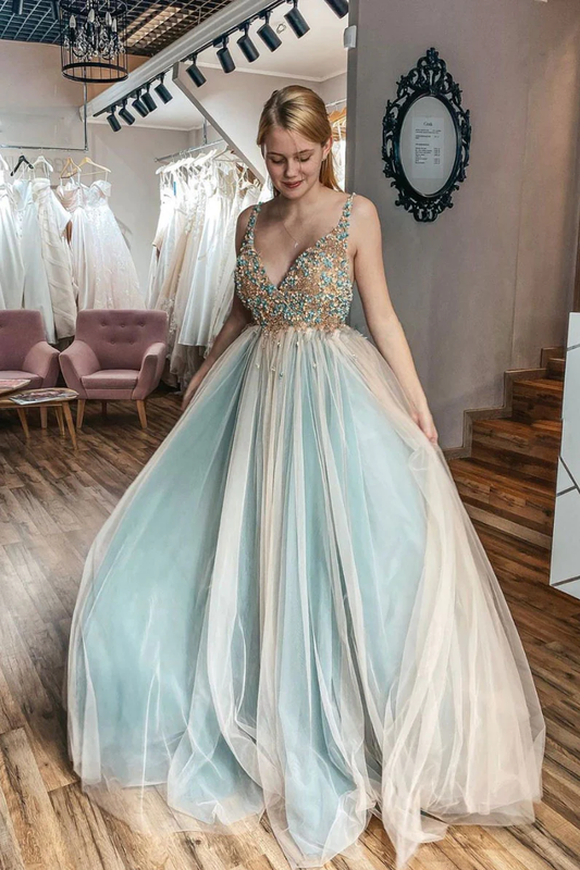 Unique v neck tulle lace long prom dress tulle formal dress nv863