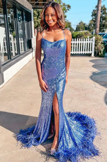 Blue Sequin Feather Lace-Up Back Mermaid Long Prom Dress with Slit nv578