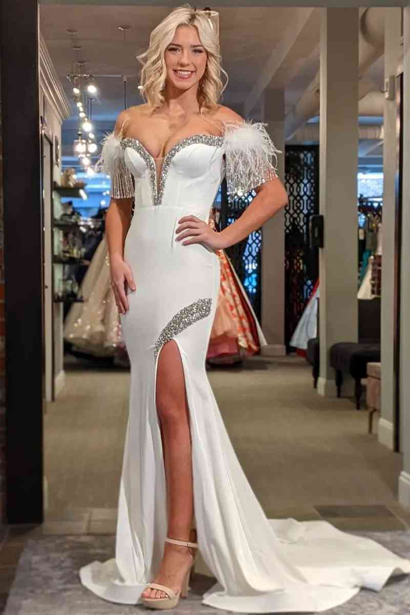 White Off-the-Shoulder Tassel Mermaid Prom Dress with Slit nv575