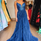 Blue Tulle Sequins Long Prom Dress, Blue A-Line Evening Dress nv709