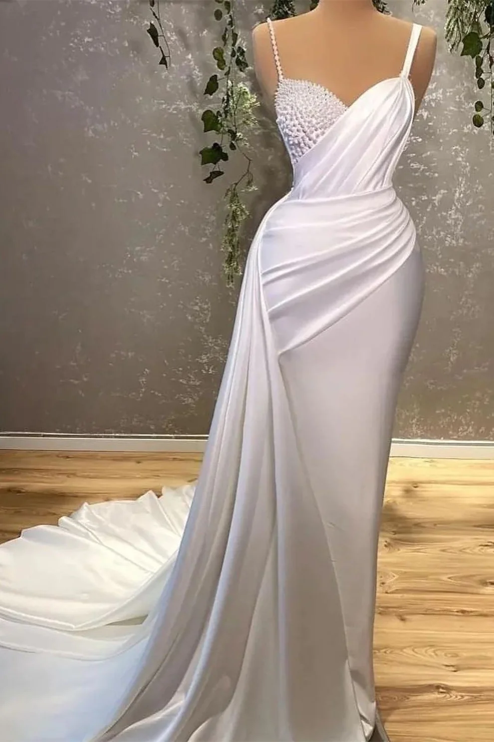 White Spaghetti Strap Mermaid Evening Dress Long With Pearls nv853