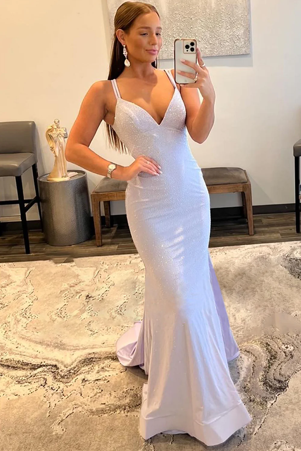 Sparkly Mermaid Spaghetti Straps White Sequins Long Prom Dress nv685