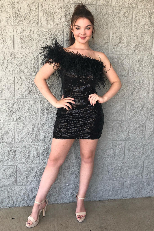 Black One Shoulder Sequins Short Homecoming Dress with Feathers  nv635