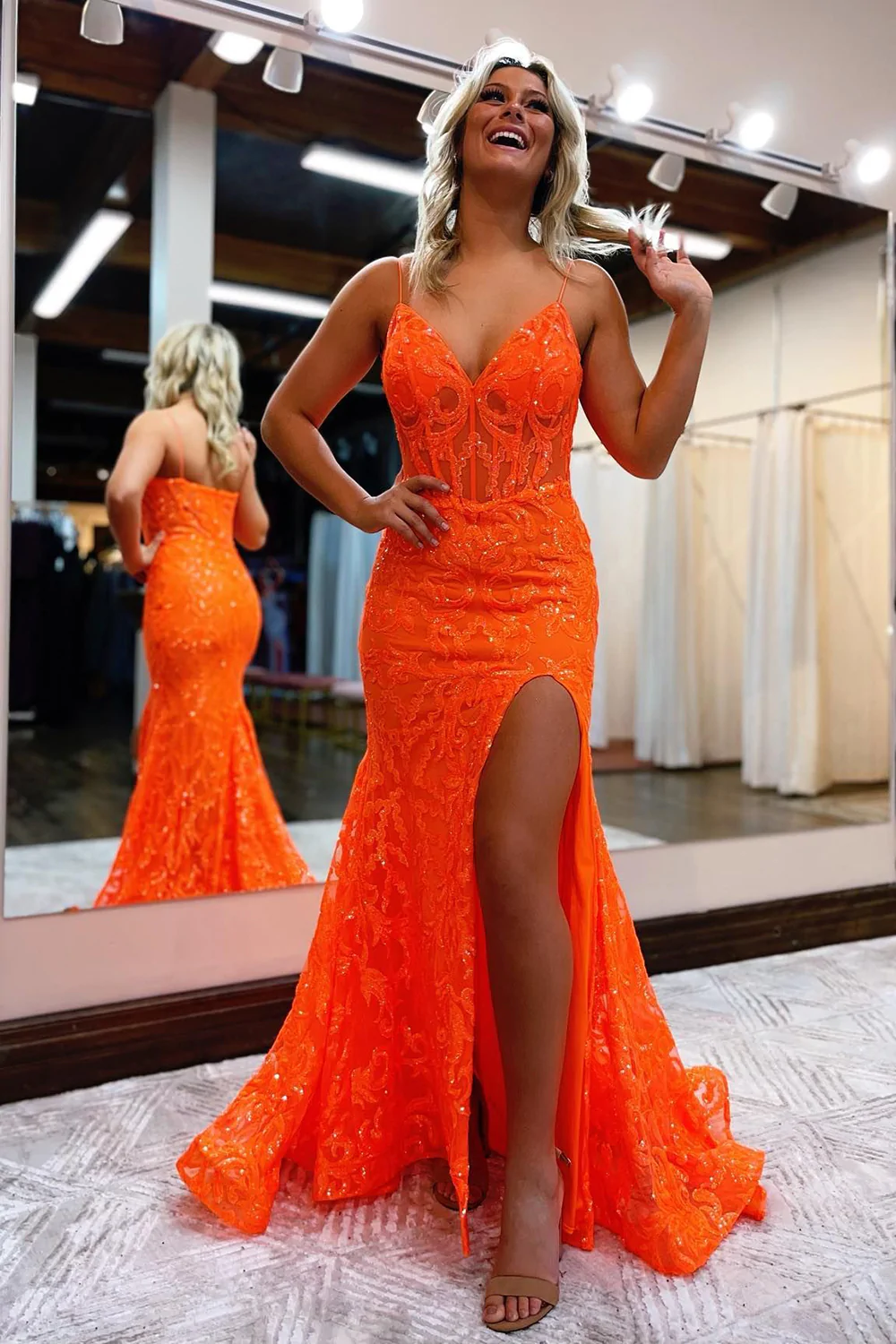 Orange Spaghetti Straps Mermaid Prom Dress nv632