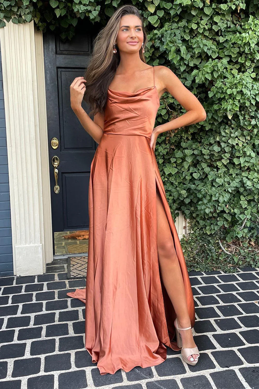 A Line Spaghetti Straps Blush Long Prom Dress with Split Front nv674