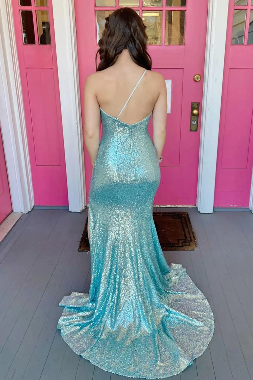 One Shoulder Sequins Mermaid Prom Dress with Slit nv694