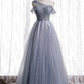 Gray Tulle Sequins Scoop Pearls Formal Prom Dress nv597