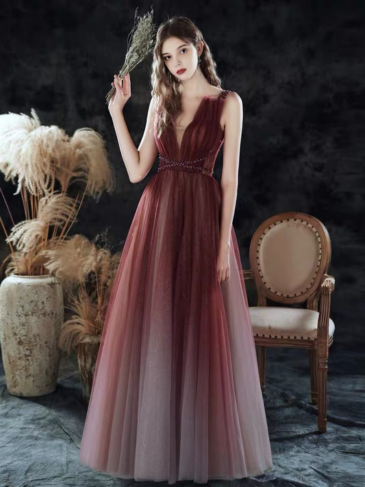 Robe de bal de mariée sans manches, nouvelle robe d'été, robe de bal dégradée rouge, robe de soirée à col en V nv618