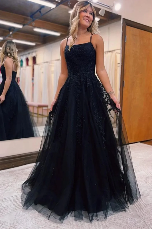 Black A-Line Tulle Long Prom Dress with Lace nv658