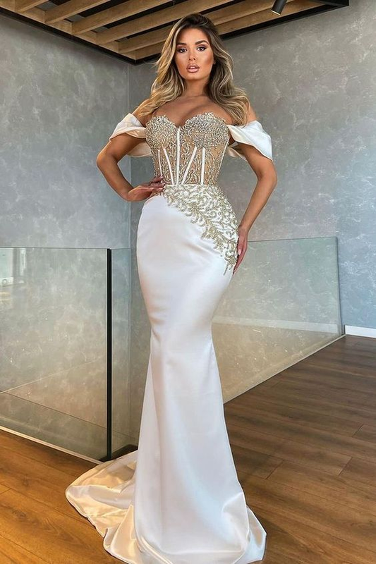 White shiny gorgeous exquisite beaded off-shoulder mermaid slim evening dress long prom dress party dress nv851