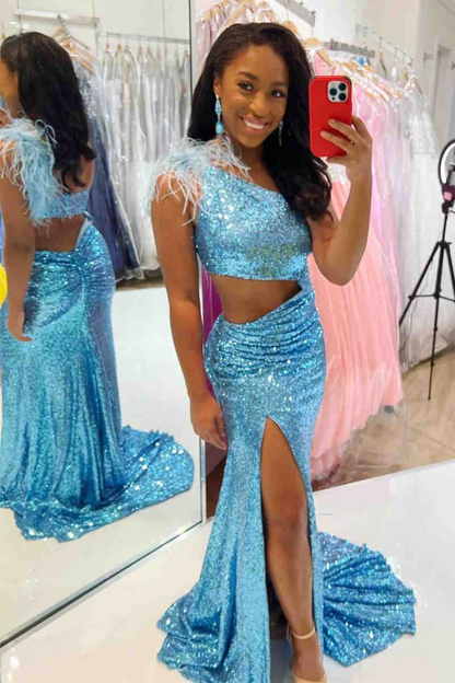 Cutout Blue One Shoulder Feathers Long Prom Dress nv837