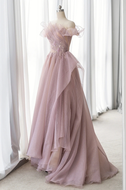 Pink Tulle Long A-line Prom Dress, Lovely Off the Shoulder Evening Dress nv600