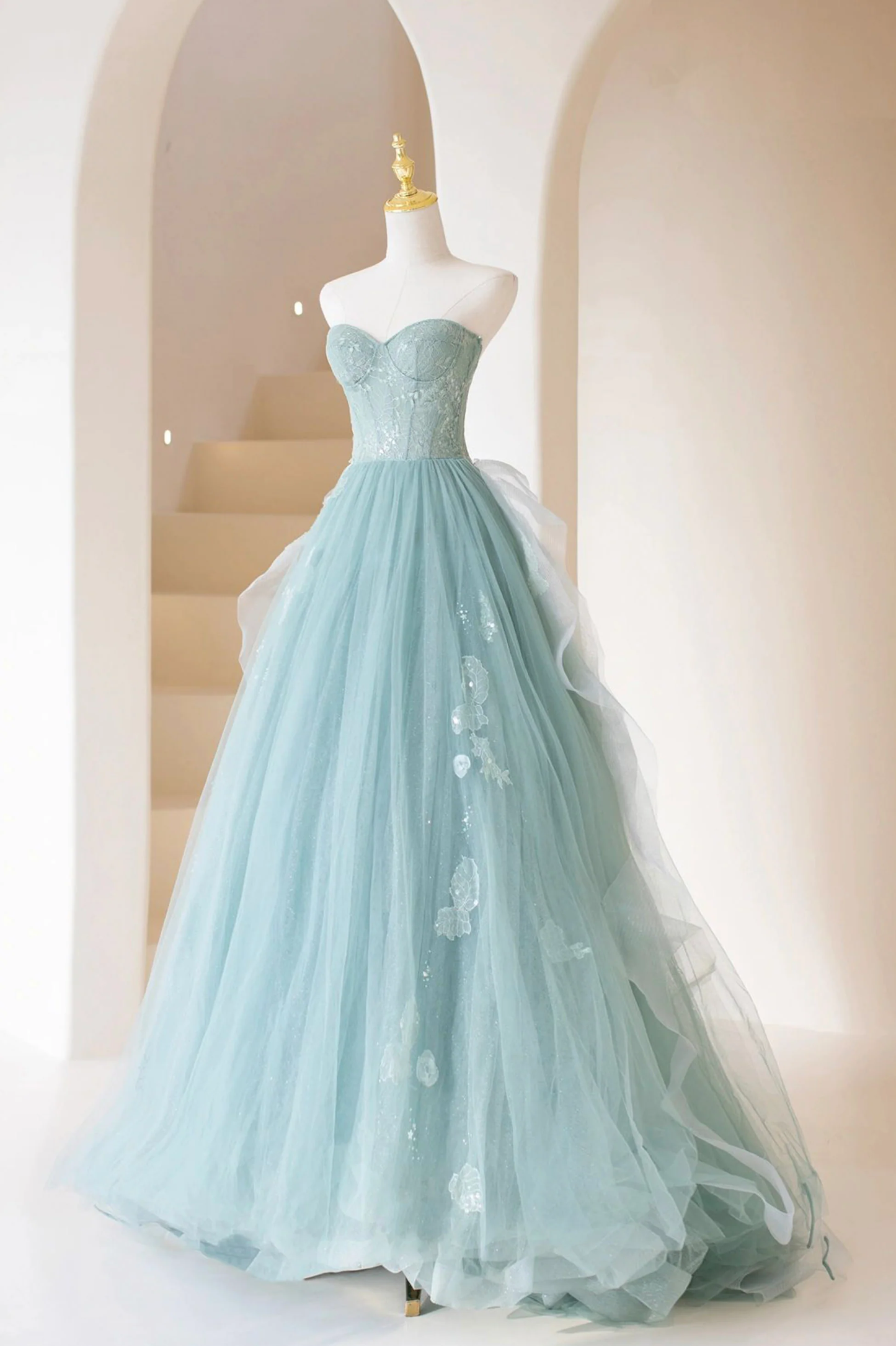 Cute Tulle Strapless Long Prom Dress, A-Line Lace Formal Evening Dress nv604