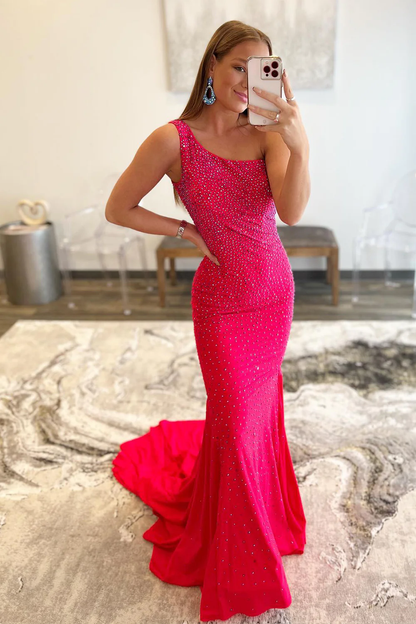 Hot Pink One Shoulder Mermaid Prom Dress nv688