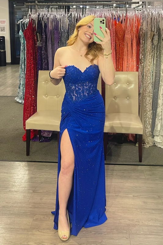 Robe longue de soirée sirène en dentelle sans bretelles avec fentenv836