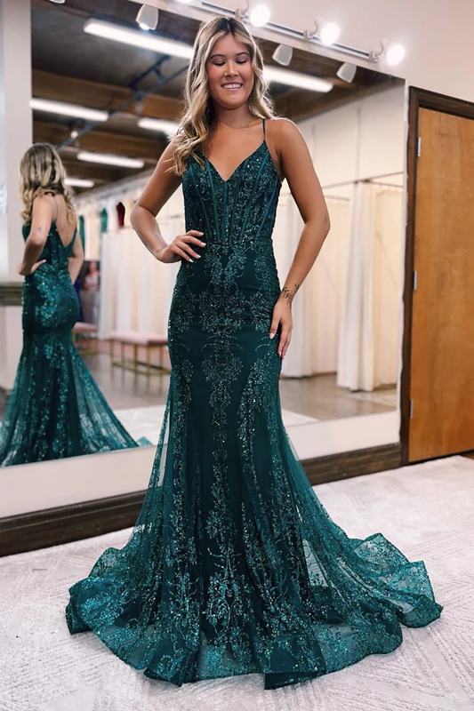 Sparkly Dark Green Mermaid Sequin Long Prom Dress nv670