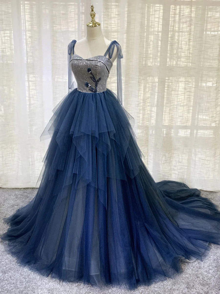 Blue Tulle Long Prom Dress, Blue Tulle Long Evening Dress nv611