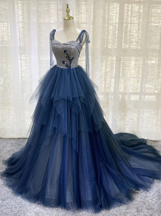 Blue shiny fashion unique sequin long tulle ball gown evening dress nv611