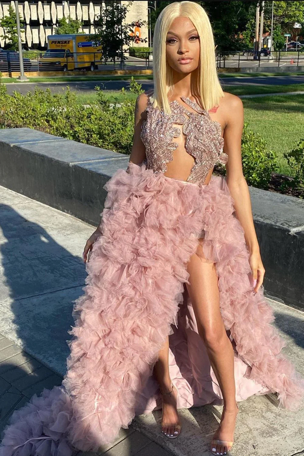 Sexy Sleeveless Blushing Pink Ruffles Prom Dress Long nv844