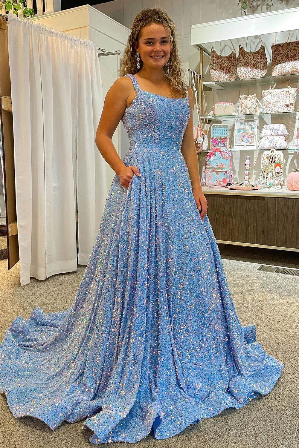 A Line Square Neck Light Blue Sequins Long Prom Dress nv679