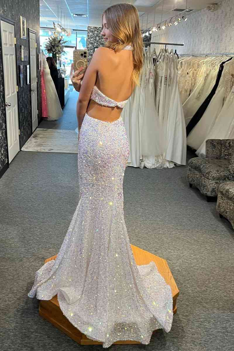 Plunging Neck Halter White Long Prom Dress with Cutout Waist nv574