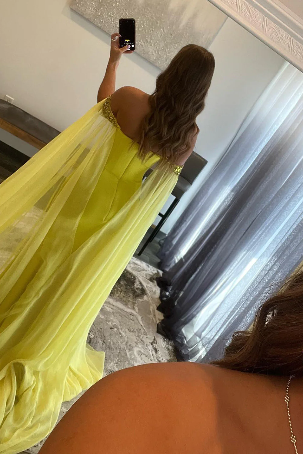 A Line Off the Shoulder Yellow Long Prom Dress with Slit nv702